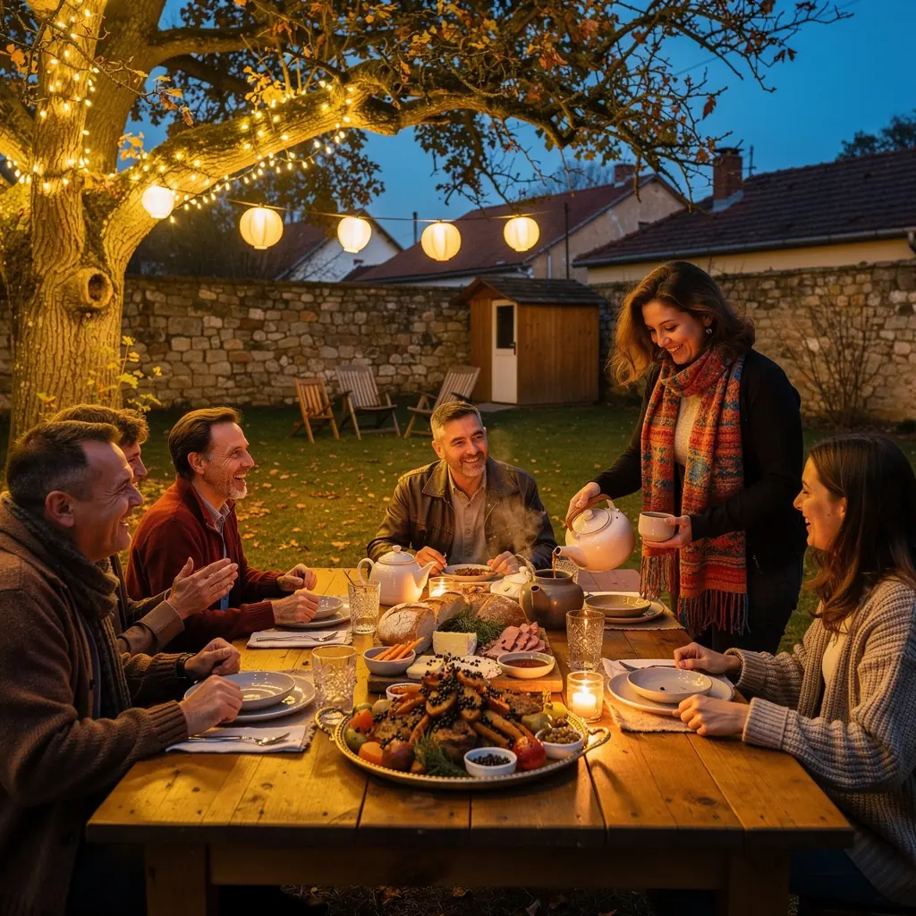 Közelkép a forró boróka bogyós teáról, fenyőfák háttérben.