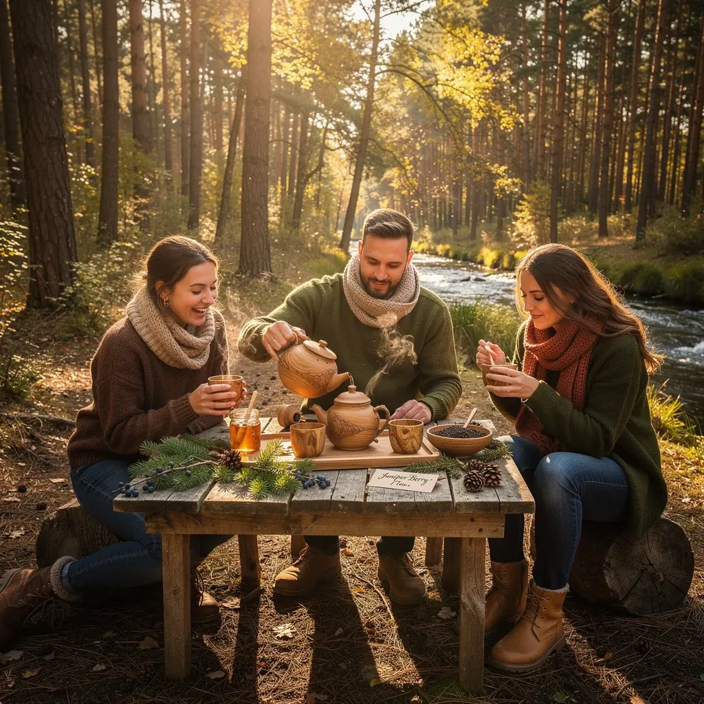 Sötét, gazdag színű boróka bogyós tea, mellette fűszernövények.