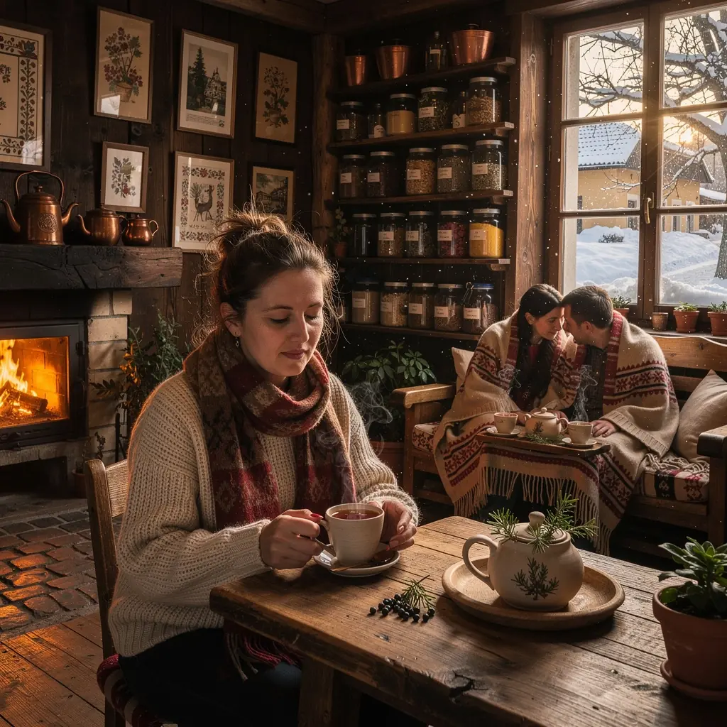 Fenyőillatú tea tálalva, természetes környezetben, gyönyörű tájjal.