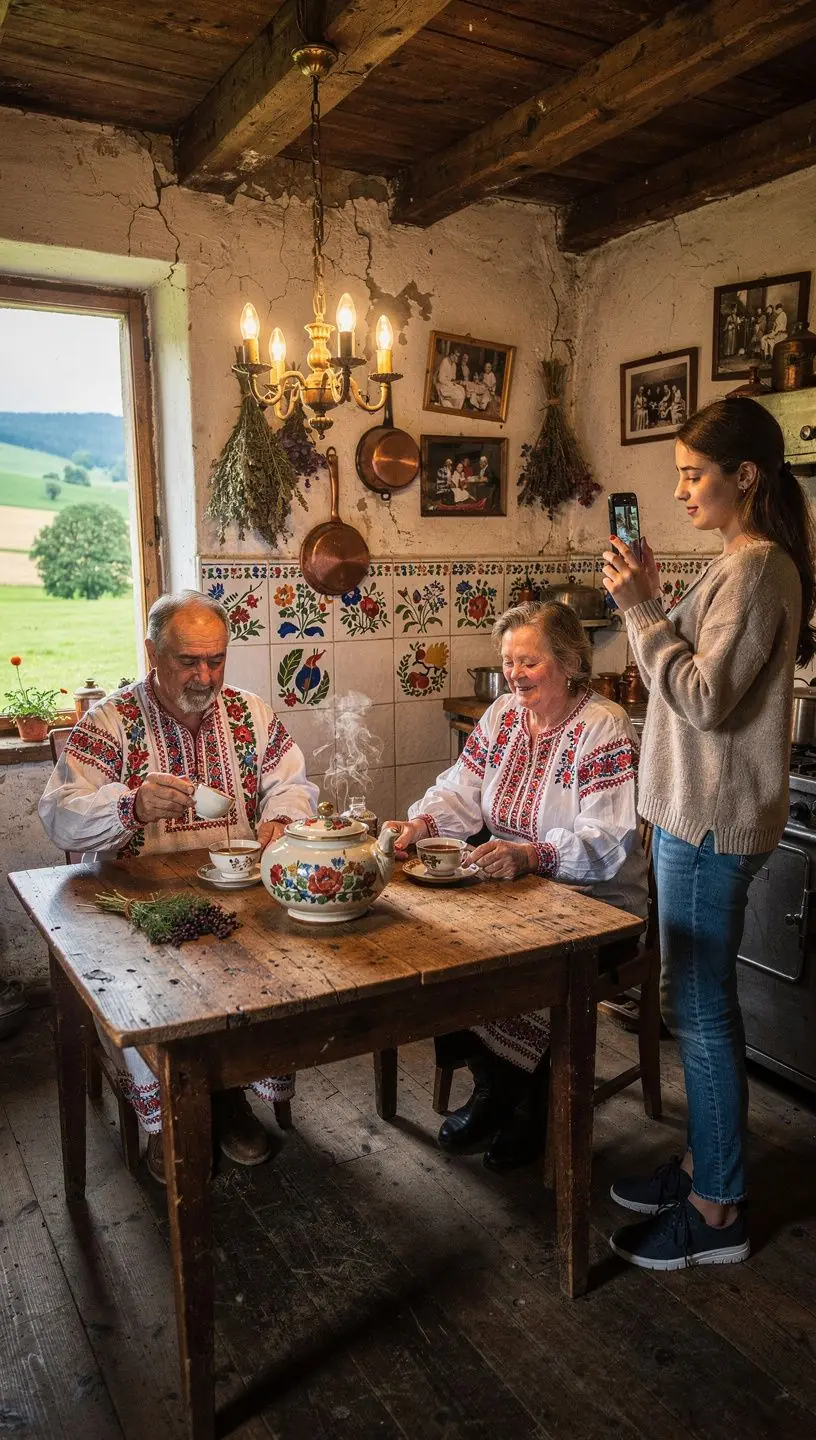 Gőzölgő boróka bogyós tea egy fenyőerdő hátterében, tele élettel.